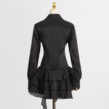 flower ruffle ribbon mini dress in black