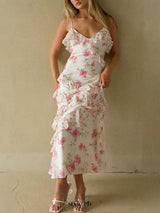 Floral Ruffle Tiered Maxi Dress - Pink & Ivory