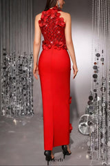 phoenix 3d flower sequin halter bandage maxi dress in red