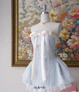 Bow woven lace tube top mini dress in pink