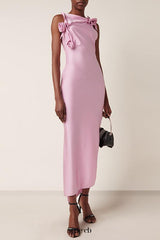 3d flower asymmetric satin slit gown in pink