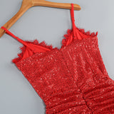 bertha high slit pleated sequin maxi dress in red