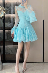 blue Embroidered Flared Mini Dress