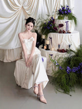 josephine bow satin strapless maxi dress in white