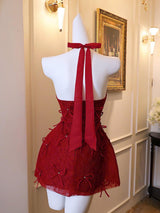 pandora lace bow backless halter mini dress in red