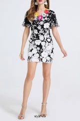 letitia 3d floral embroidery mini dress in black