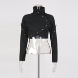 Button-embellished cotton-jersey top maxi skirt suit in black