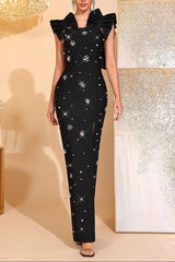 nelly Beading detail ruffle high slit maxi dress in black