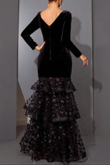 eunice black flower appliqué fishtail layer velvet maxi dress