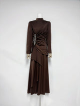 beulah Long sleeves with beading pleated maxi dress in brown
