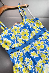 wallis floral print hollow midi dress in blue