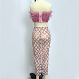 audrey pink feather top sequin Midi Skirt set