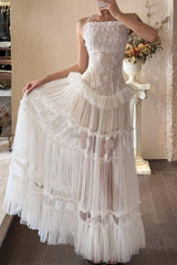 hermosa Lace splicing layer maxi dress in white