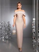 belen Pearl Beaded strapless maxi Bandage Dress in apricot