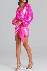 Irregular sequin slit mini dress in rose red