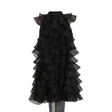 poppy Ruffle Silk Organza sleeveless Mini Dress in black