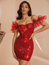 victoria red Ruffled Corset Bodycon mini Dress