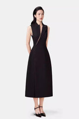 asymmetric collar blazer midi dress in black