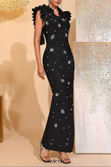 nelly Beading detail ruffle high slit maxi dress in black