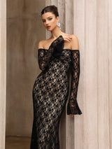 anna One-shoulder lace long sleeves maxi dress in black