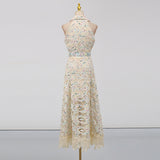 chloe sleeveless hollow lace maxi dress in beige