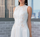 nancy lace embroidery pleated midi dress in white