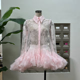 pink Mesh Lace Ruffled Trumpet Sleeve Shirt Dress Shorts Set