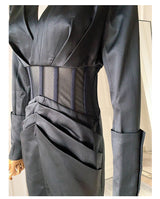 alyssa Deep V See-Through Fishbone Pleated Hip blazer mini dress in black