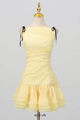 ruched ruffle hem sleeveless mini dress in yellow