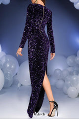 wallis Long Sleeve Split Hem Sequin maxi Dress in purple