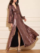 nora Metallic Brown V-Neck Long Sleeve Pleated Maxi Dress