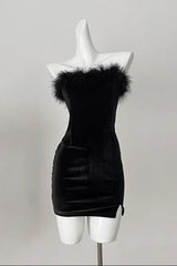 samantha feather velvet strapless mini dress in black