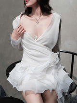 flower ruffle ribbon mini dress in white