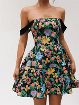 simona Colorful print A Line Strap Satin mini Dress