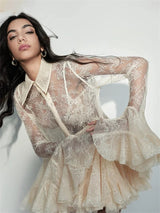 apricot Mesh Lace Ruffled Trumpet Sleeve Shirt Dress Shorts Set