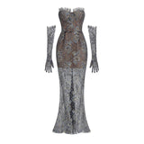 Shnovia Blue Strapless Embroidered Lace Maxi Dress With Gloves