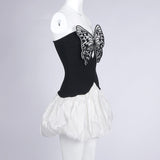 Butterfly Embroidered Bodice Puffball mini Dress in black