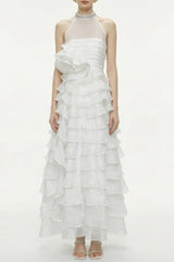 samantha White 3D Petal Ruffled rhinestone embellished Maxi Dress