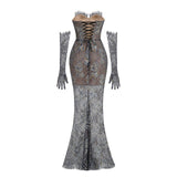 Shnovia Blue Strapless Embroidered Lace Maxi Dress With Gloves
