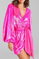 Irregular sequin slit mini dress in rose red