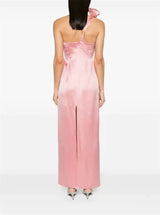 yvonne one-shoulder 3d flower satin maxi dress in pink