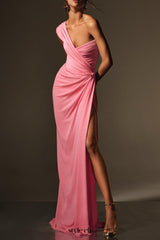 bess One-shoulder slant neck pleated maxi dress in pink