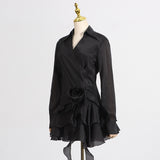 flower ruffle ribbon mini dress in black