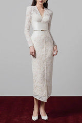 kimberley white v-neck lace patchwork midi dress