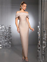 belen Pearl Beaded strapless maxi Bandage Dress in apricot