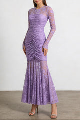 penny lace hollow ruched bodycon long sleeve maxi dress in purple