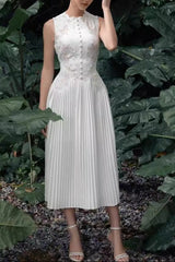 nancy lace embroidery pleated midi dress in white