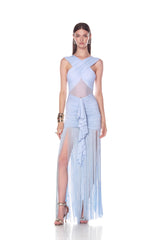 Fringe Mesh Ruched Maxi Dress