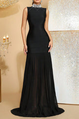 amy Mesh stitching diamond high collar bandage maxi dress in blackx