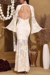 Trumpet sleeve hip-hugging mesh embroidery maxi dress in pale yellow